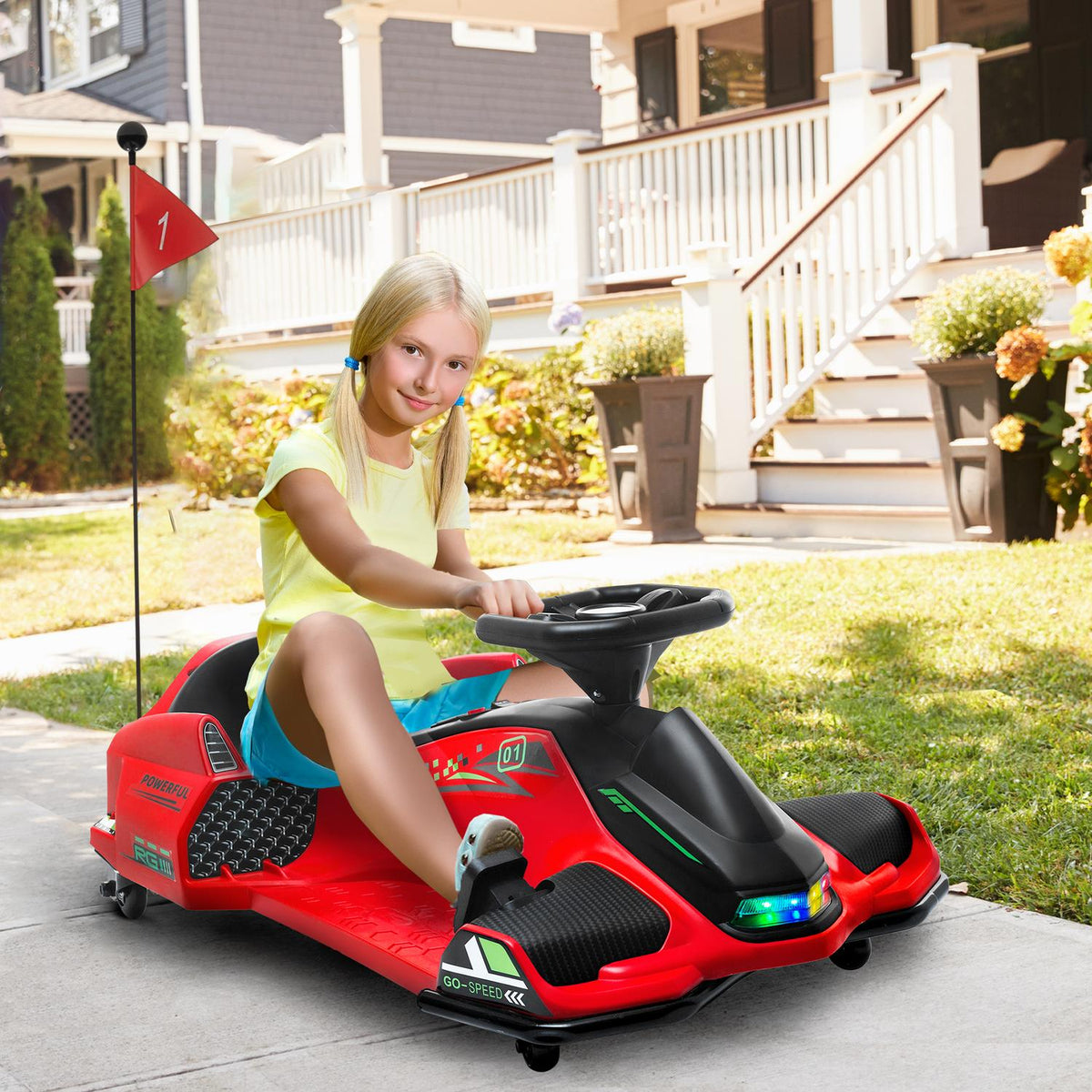 Electric go-kart for children, rubber wheels, 3-8 km/h, with lights and music function, red