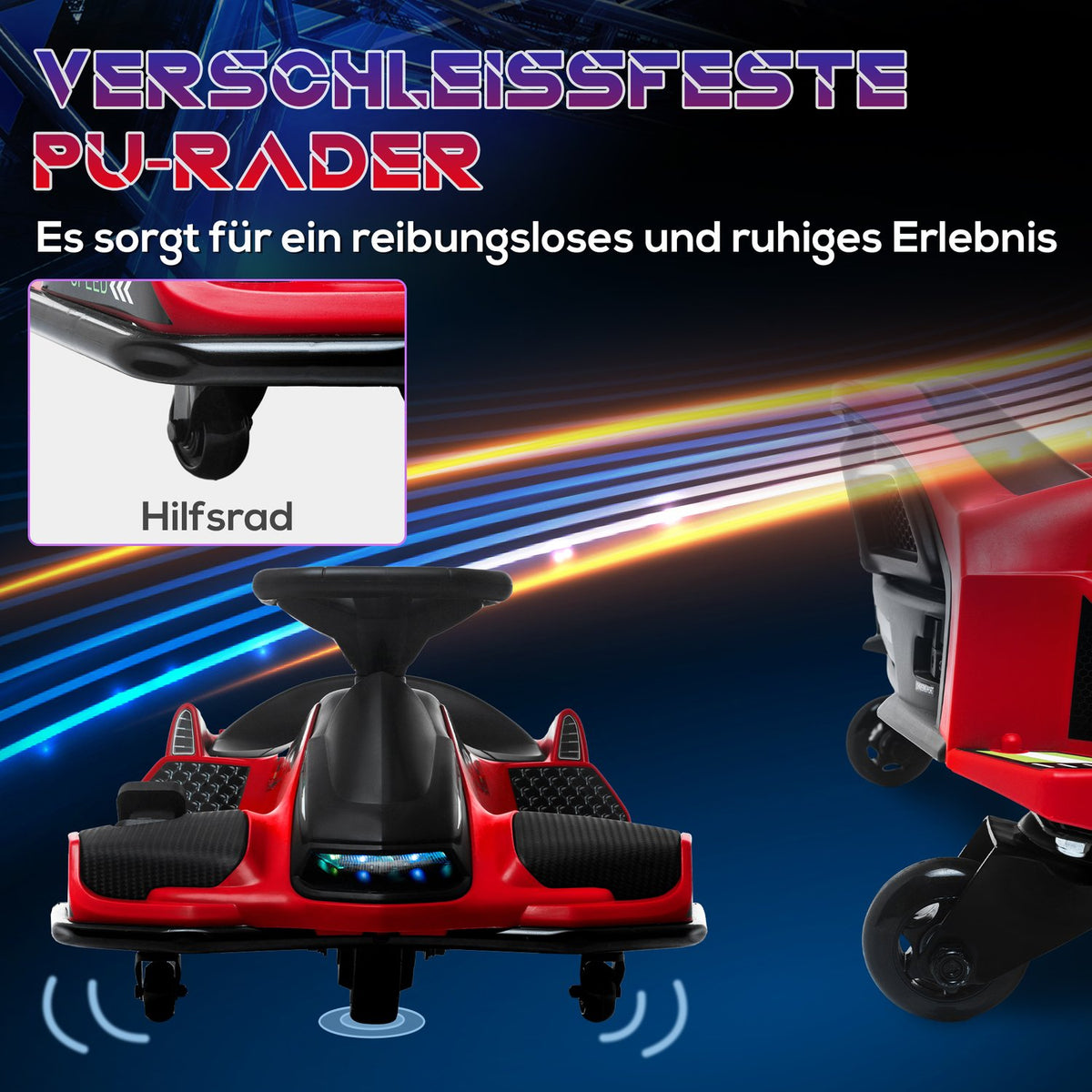 Electric go-kart for children, rubber wheels, 3-8 km/h, with lights and music function, red