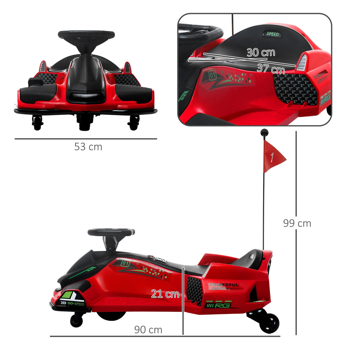 Electric go-kart for children, rubber wheels, 3-8 km/h, with lights and music function, red
