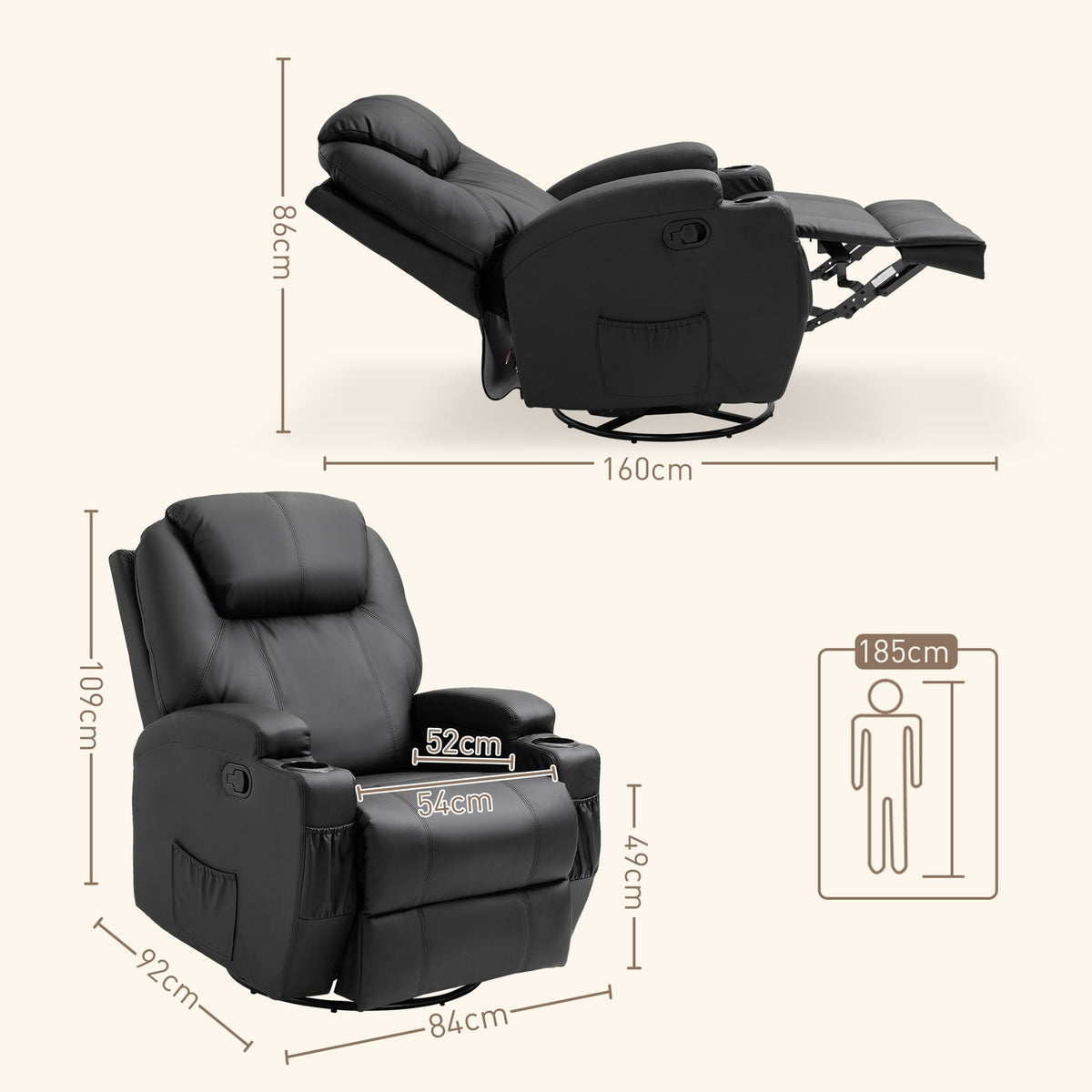 Electric massage chair, 165° tiltable, 5 massage modes, footrest, remote control, TV chair, faux leather, black, 84x92x109cm