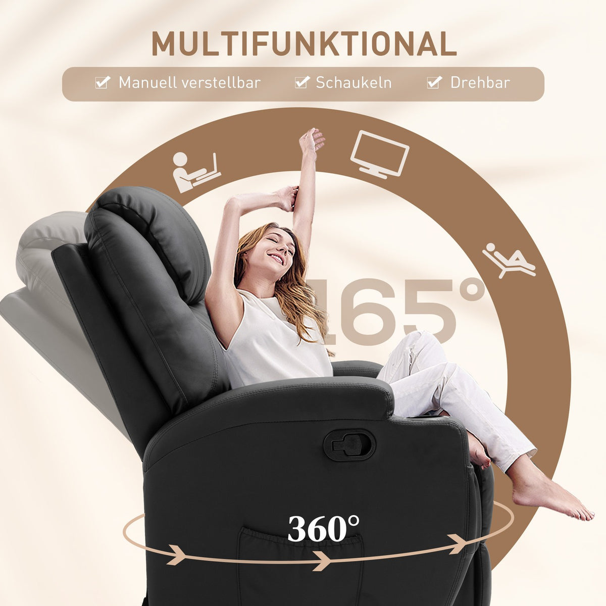 Electric massage chair, 165° tiltable, 5 massage modes, footrest, remote control, TV chair, faux leather, black, 84x92x109cm