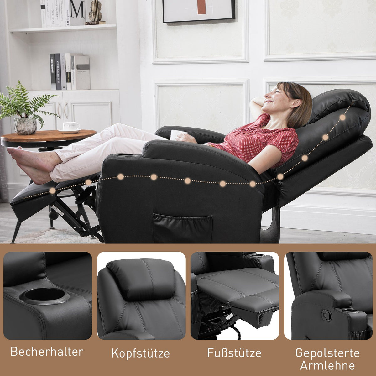 Electric massage chair, 165° tiltable, 5 massage modes, footrest, remote control, TV chair, faux leather, black, 84x92x109cm