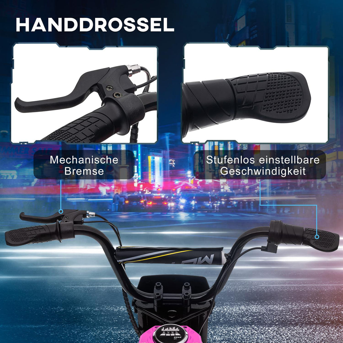 Electric motorcycle for children, 24V children's motorcycle with horn, light, with twist-grip throttle, 8-16 km/h, 8-12 years, pink