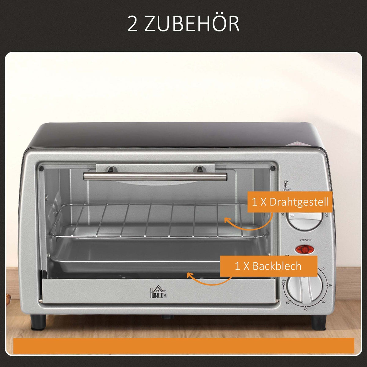 Electric oven 10L adjustable temperature and timer, grill and pan included, 750W, 36.5x26x22cm, silver black
