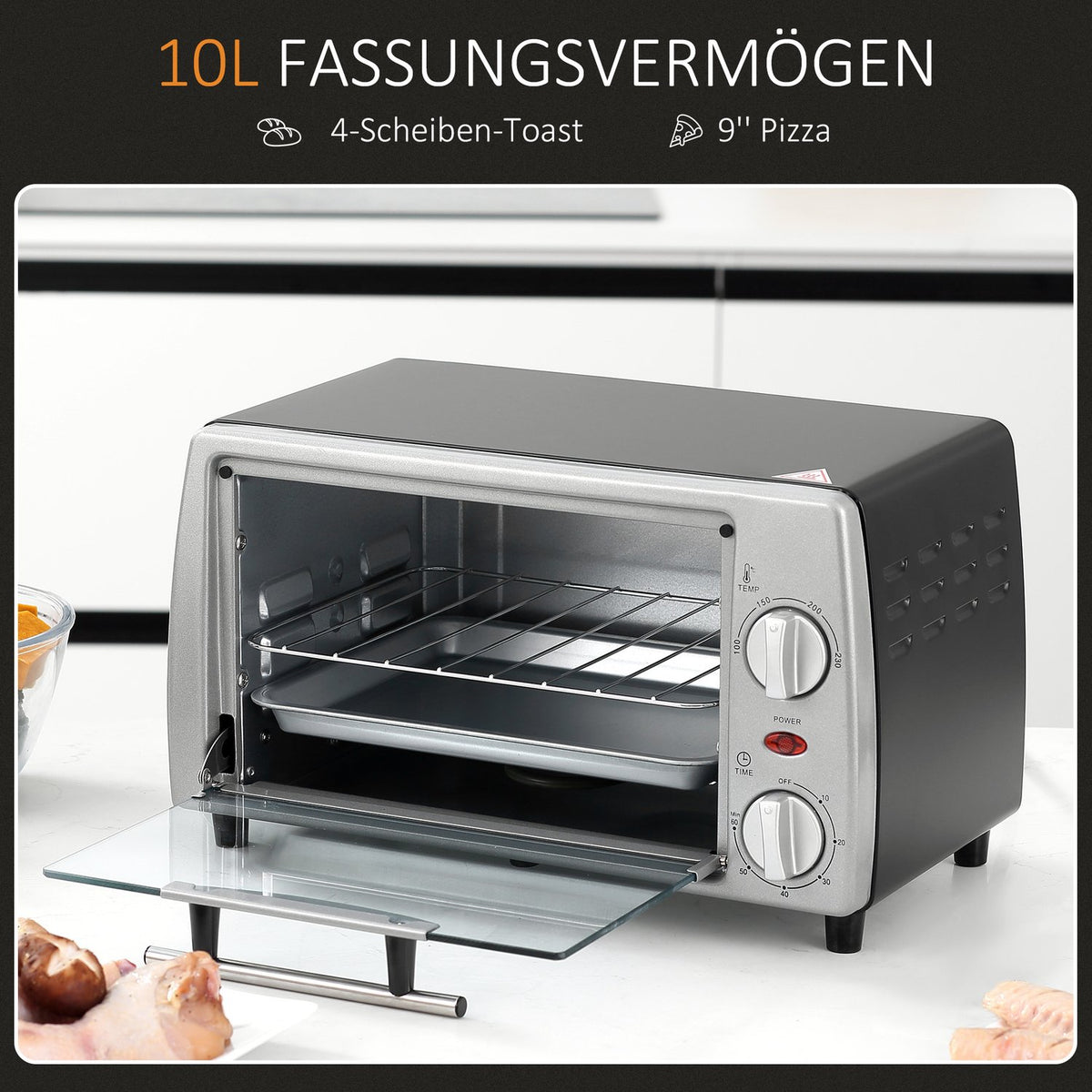 Electric oven 10L adjustable temperature and timer, grill and pan included, 750W, 36.5x26x22cm, silver black