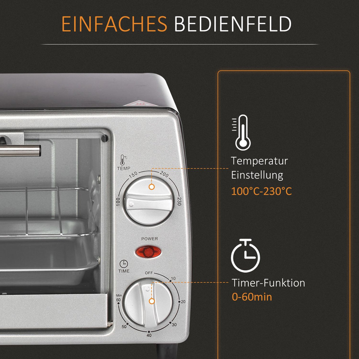 Electric oven 10L adjustable temperature and timer, grill and pan included, 750W, 36.5x26x22cm, silver black