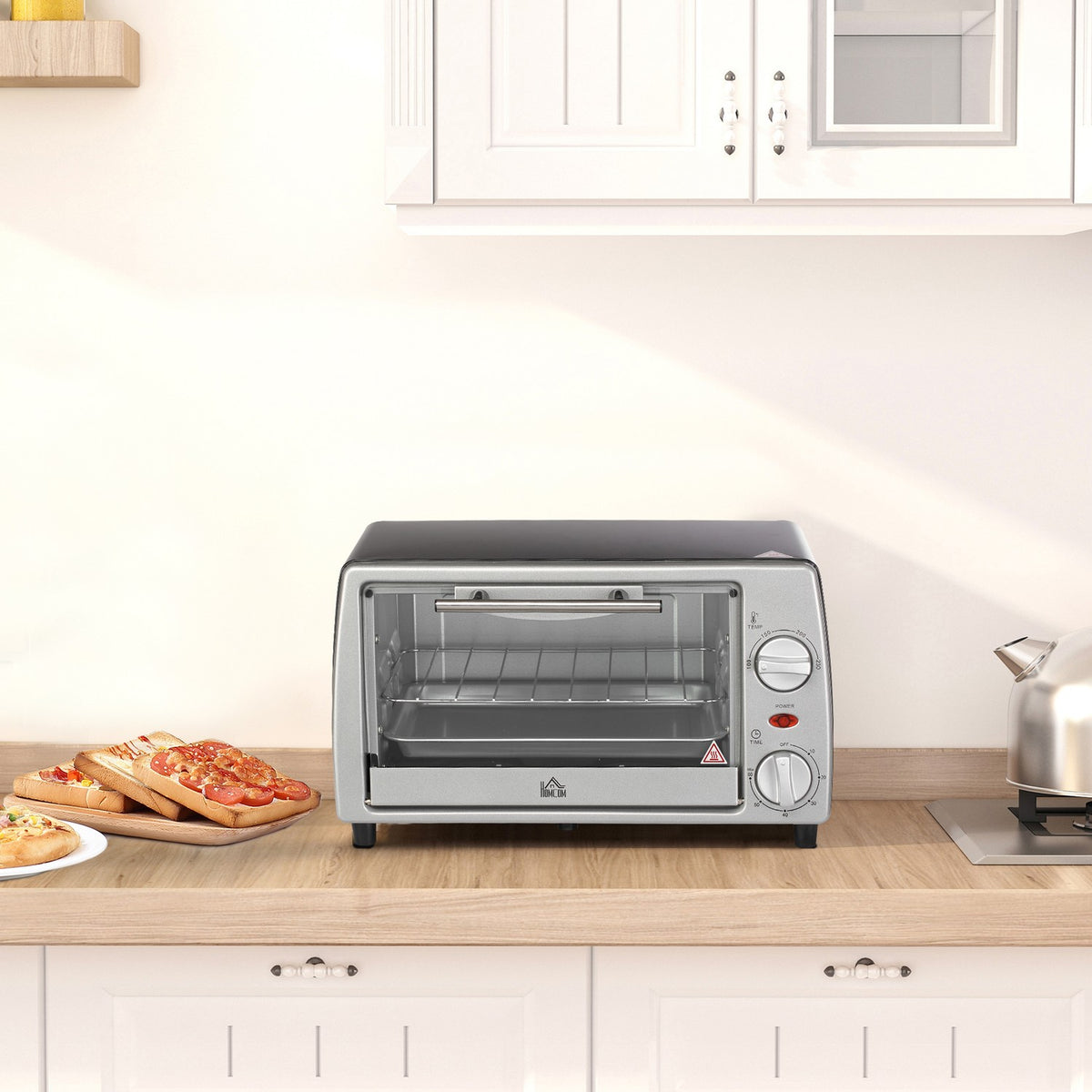 Electric oven 10L adjustable temperature and timer, grill and pan included, 750W, 36.5x26x22cm, silver black
