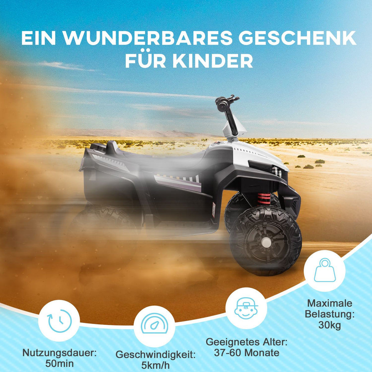 Electric quad for children 12V children's quad with 4-wheel suspension, MP3 music player, children's vehicle with headlight, forward and reverse gear, for 3-5 years children, 5 km/h, metal, white