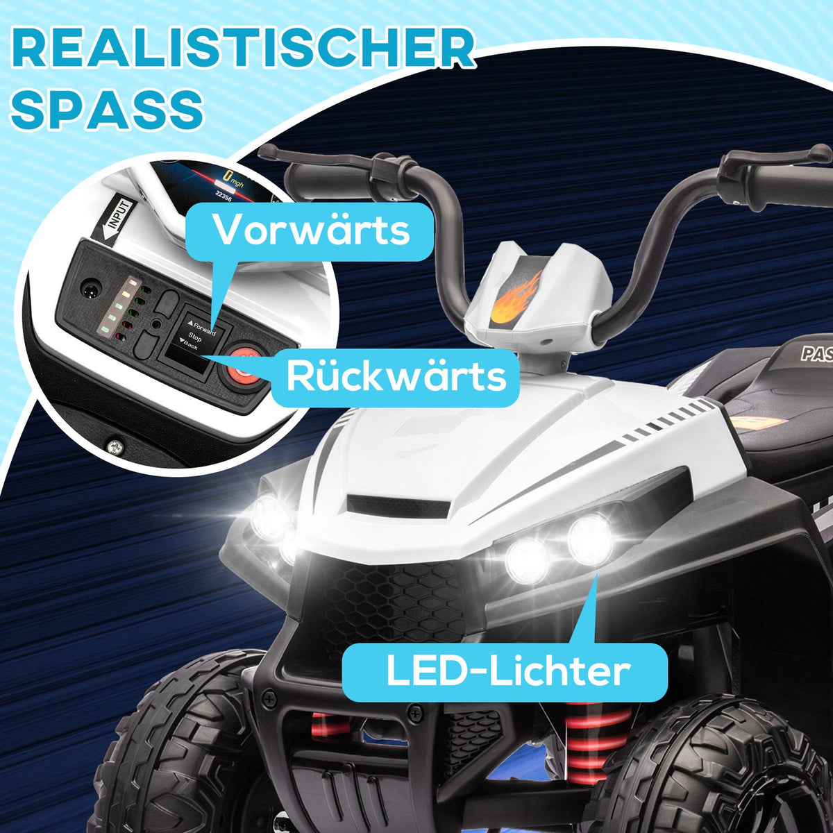 Electric quad for children 12V children's quad with 4-wheel suspension, MP3 music player, children's vehicle with headlight, forward and reverse gear, for 3-5 years children, 5 km/h, metal, white