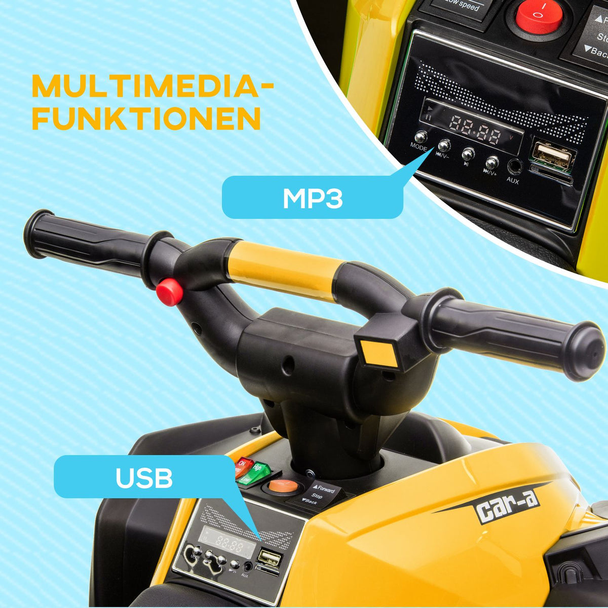 Electric quad for children, children's quad with forward, reverse function, USB port, MP3 music player, children's vehicle with 2 motors