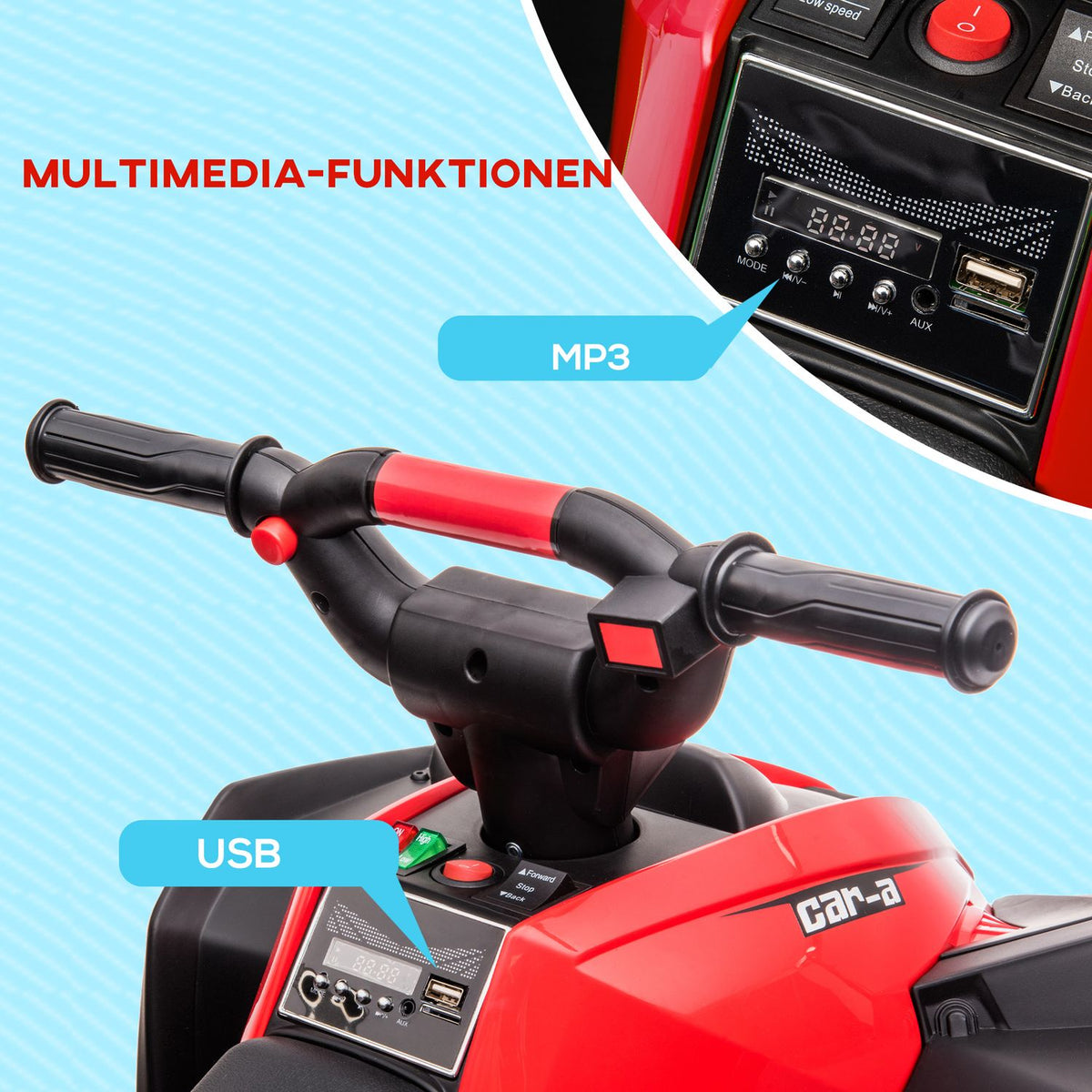 Electric quad for children, children's quad with forward, reverse function, USB port, MP3 music player, children's vehicle with 2 motors