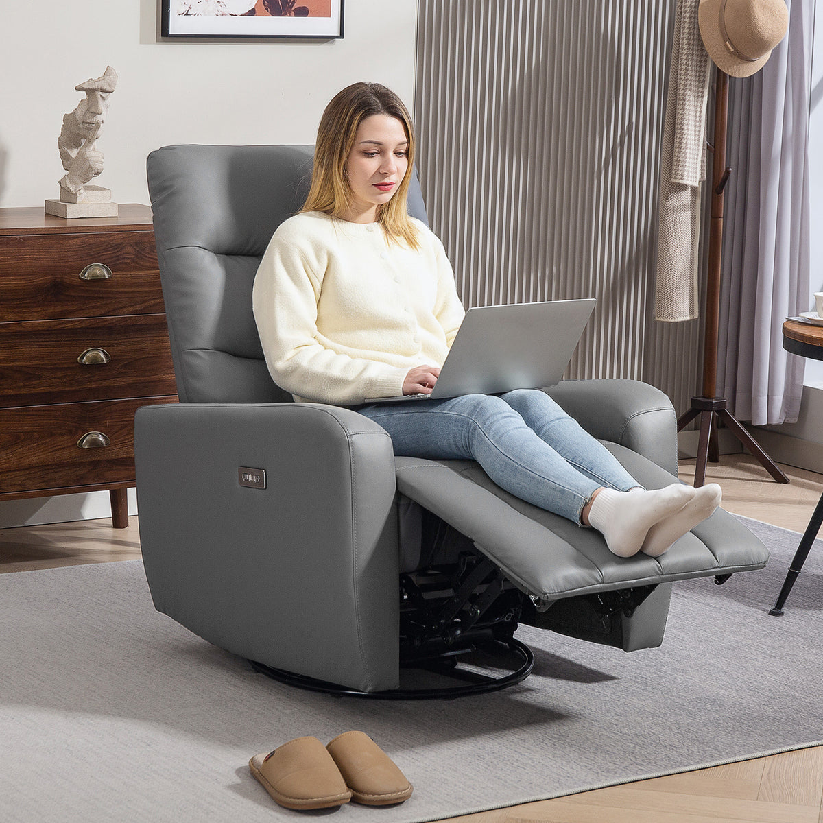 Electric recliner TV chair with reclining function, rocking function, USB and USB-C ports, rotatable reclining chair with adjustable backrest, for living room, gray