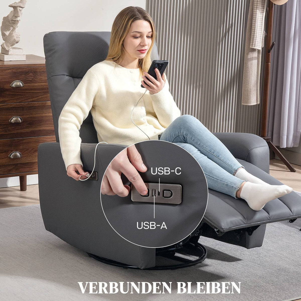 Electric recliner TV chair with reclining function, rocking function, USB and USB-C ports, rotatable reclining chair with adjustable backrest, for living room, gray