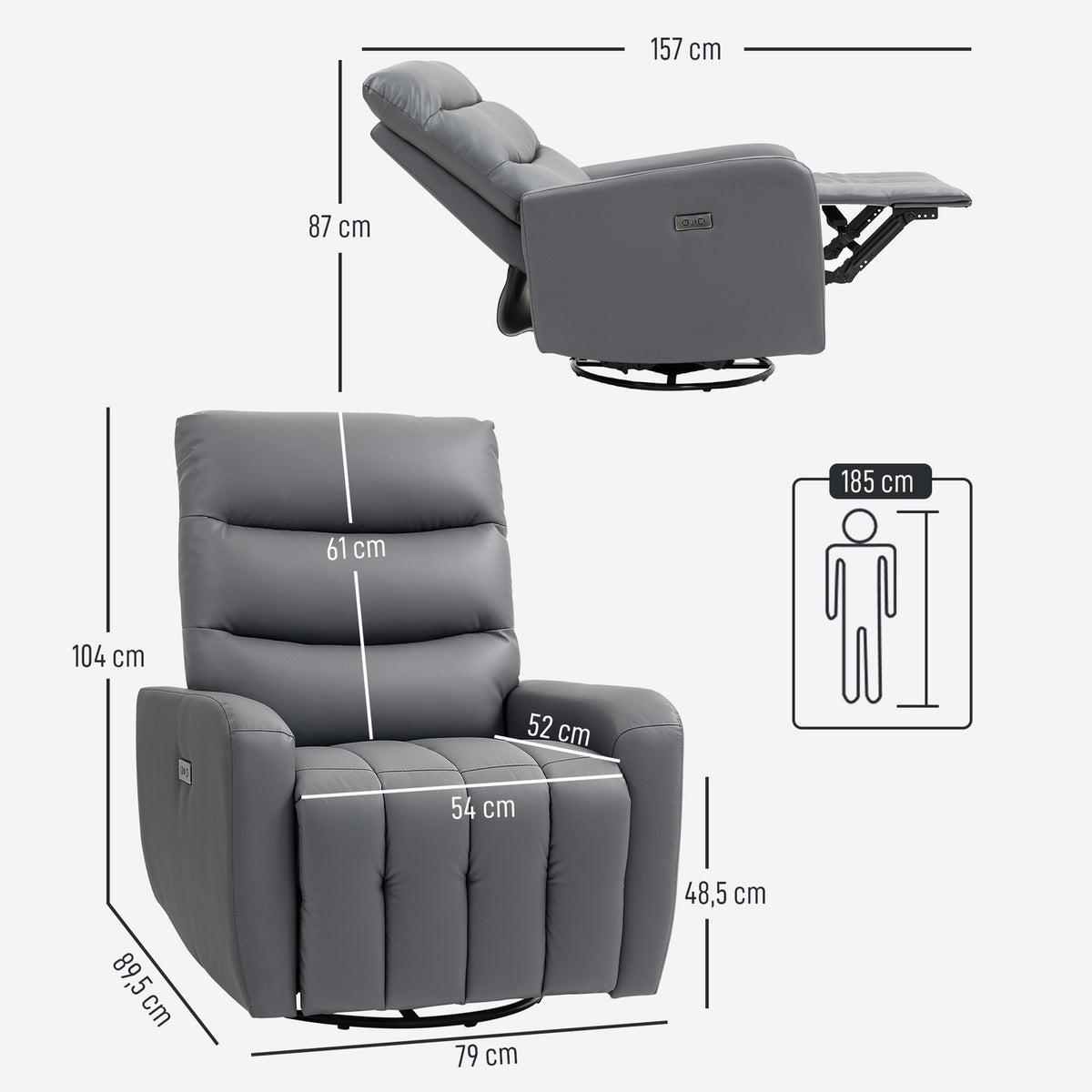 Electric recliner TV chair with reclining function, rocking function, USB and USB-C ports, rotatable reclining chair with adjustable backrest, for living room, gray