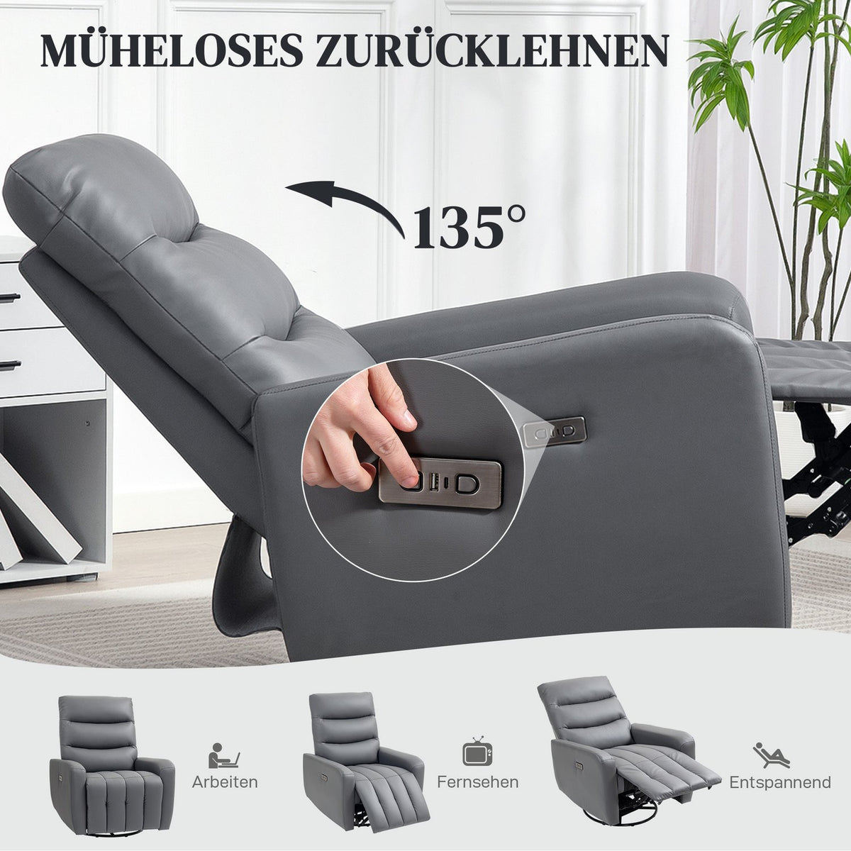 Electric recliner TV chair with reclining function, rocking function, USB and USB-C ports, rotatable reclining chair with adjustable backrest, for living room, gray