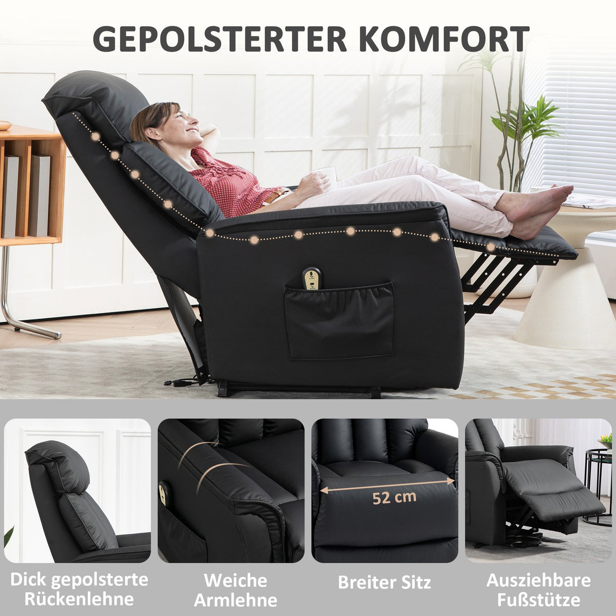 Electric recliner chair, TV chair, armchair with stand-up aid, reclining function, artificial leather, 80 x 94 x 104 cm, black
