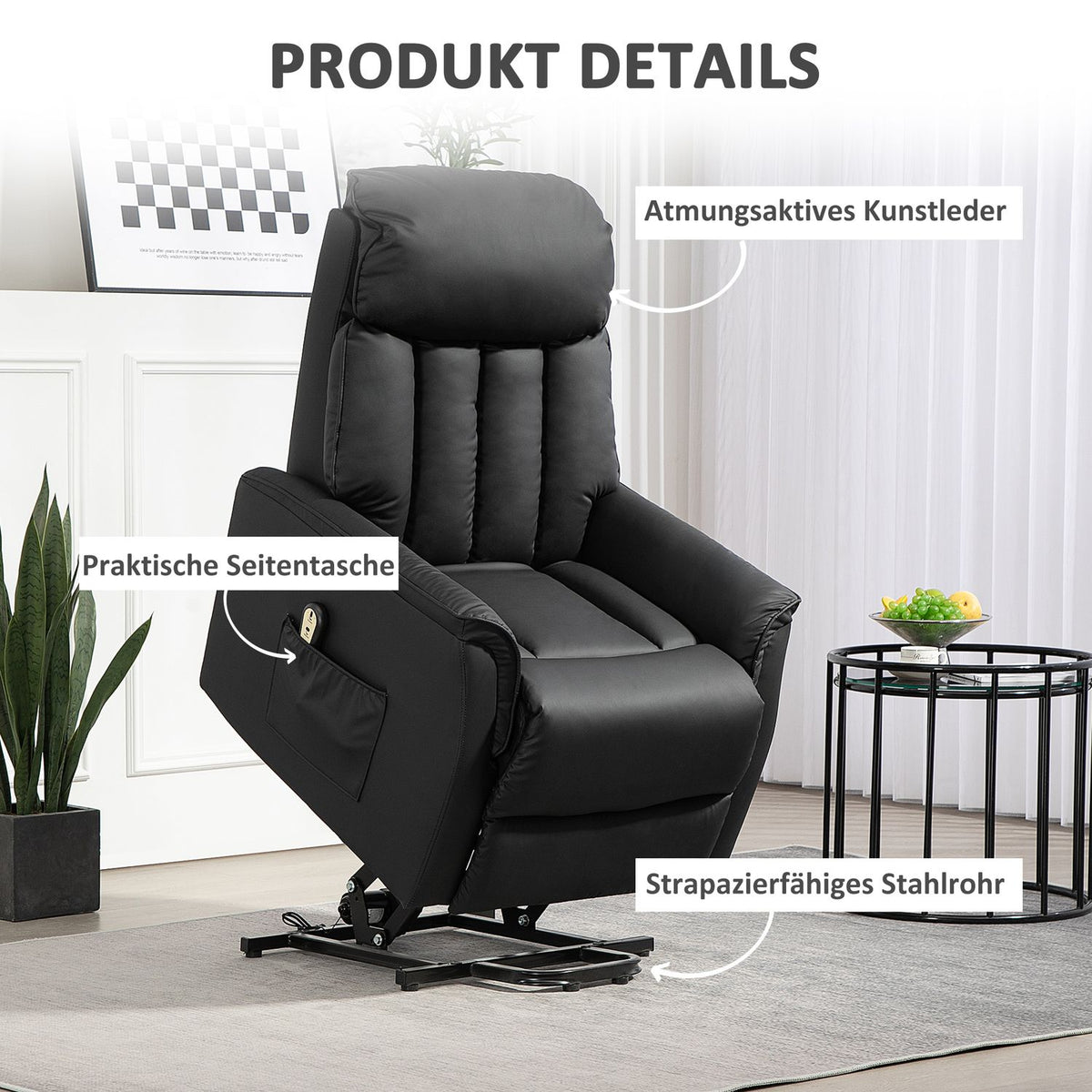 Electric recliner chair, TV chair, armchair with stand-up aid, reclining function, artificial leather, 80 x 94 x 104 cm, black