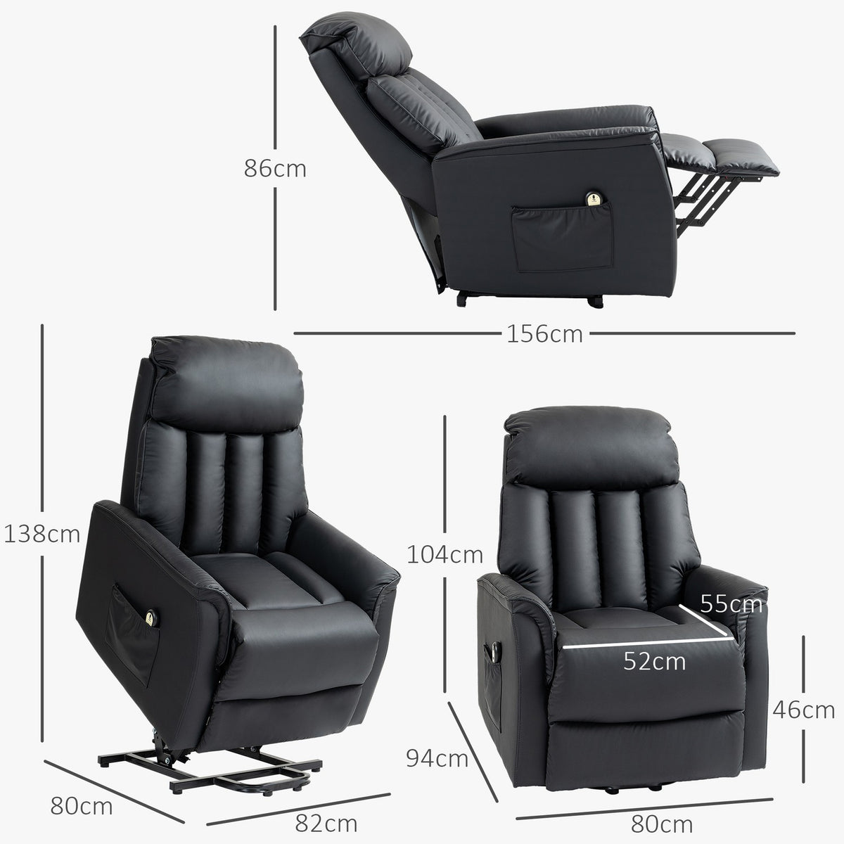 Electric recliner chair, TV chair, armchair with stand-up aid, reclining function, artificial leather, 80 x 94 x 104 cm, black