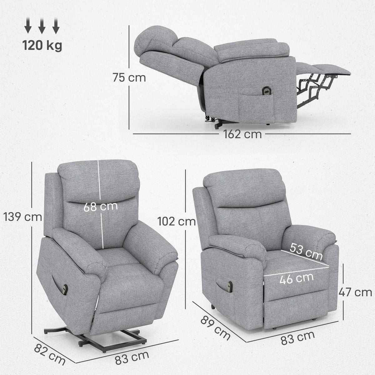 Electric recliner chair, recliner chair with stand-up aid, recliner chair with sleep function, linen look, 83 x 89 x 102 cm, grey