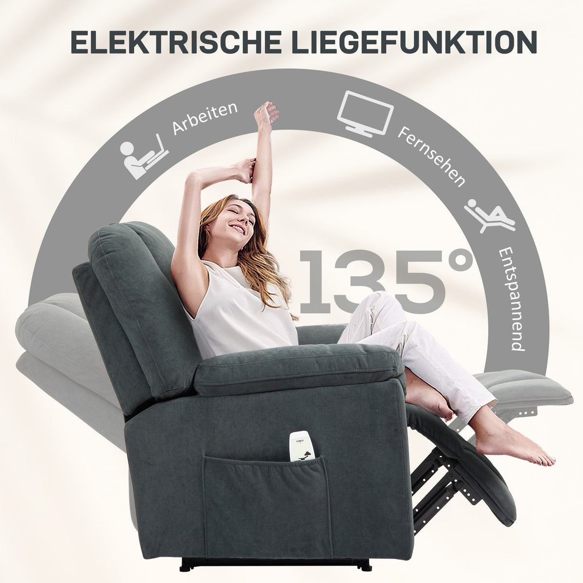 Electric relaxation chair, TV chair with reclining function, heat function, massage chair with side pocket, reclining chair with USB ports, pocket spring for living room, dark gray