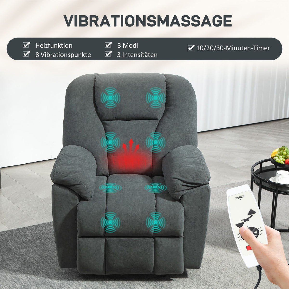 Electric relaxation chair, TV chair with reclining function, heat function, massage chair with side pocket, reclining chair with USB ports, pocket spring for living room, dark gray