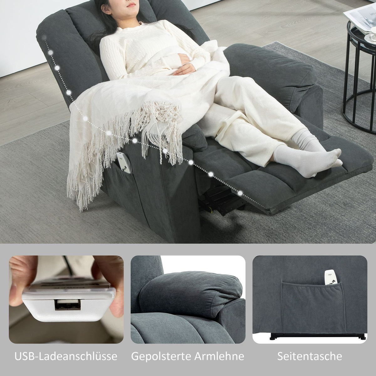 Electric relaxation chair, TV chair with reclining function, heat function, massage chair with side pocket, reclining chair with USB ports, pocket spring for living room, dark gray