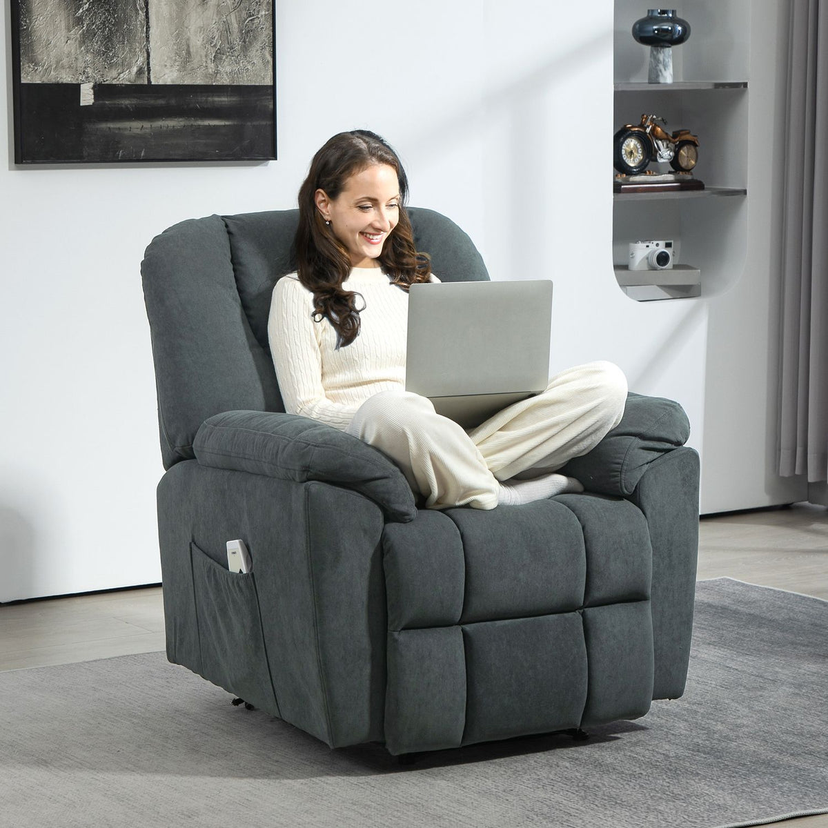 Electric relaxation chair, TV chair with reclining function, heat function, massage chair with side pocket, reclining chair with USB ports, pocket spring for living room, dark gray