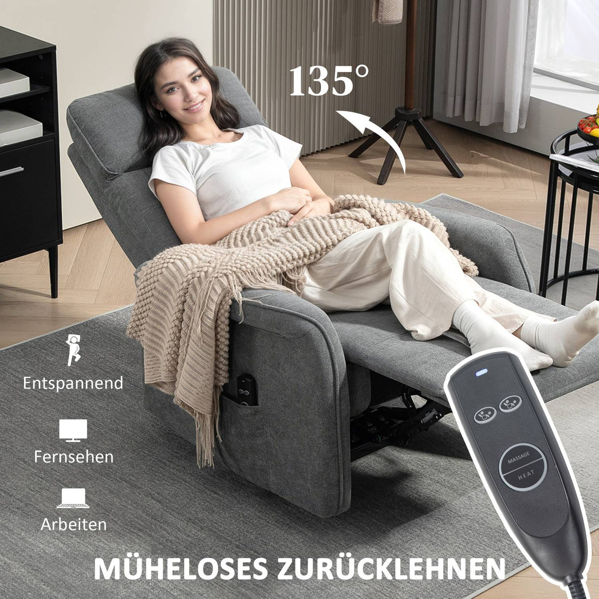 Electric relaxation chair, massage chair, TV chair with reclining function, heating, USB, vibration, foot section, side pocket TV chair with remote control, pocket spring for living room, dark gray |