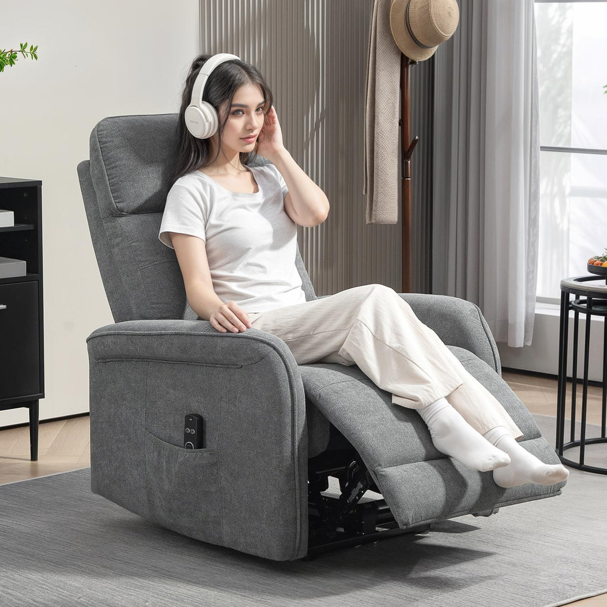Electric relaxation chair, massage chair, TV chair with reclining function, heating, USB, vibration, foot section, side pocket TV chair with remote control, pocket spring for living room, dark gray |