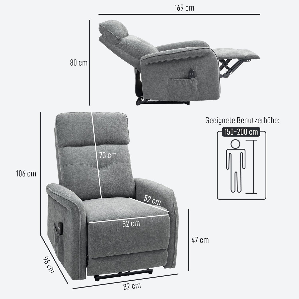 Electric relaxation chair, massage chair, TV chair with reclining function, heating, USB, vibration, foot section, side pocket TV chair with remote control, pocket spring for living room, dark gray |