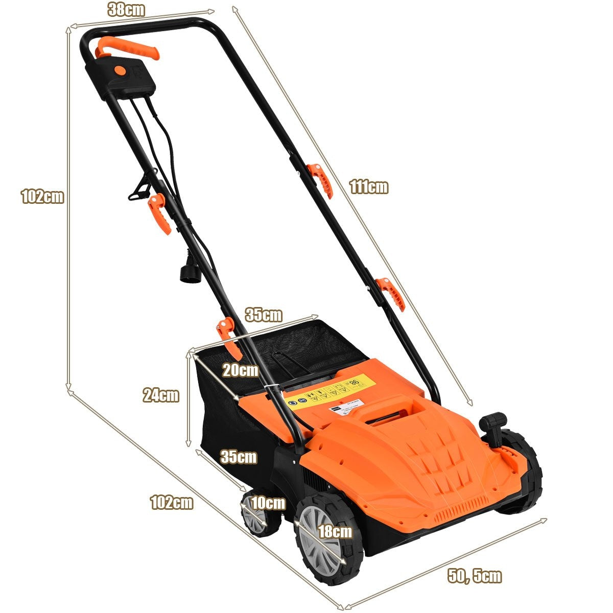 Electric scarifier lawn aerator 1500W 2-in-1 scarifier and aerator 104.5 x 51 x 103 cm orange