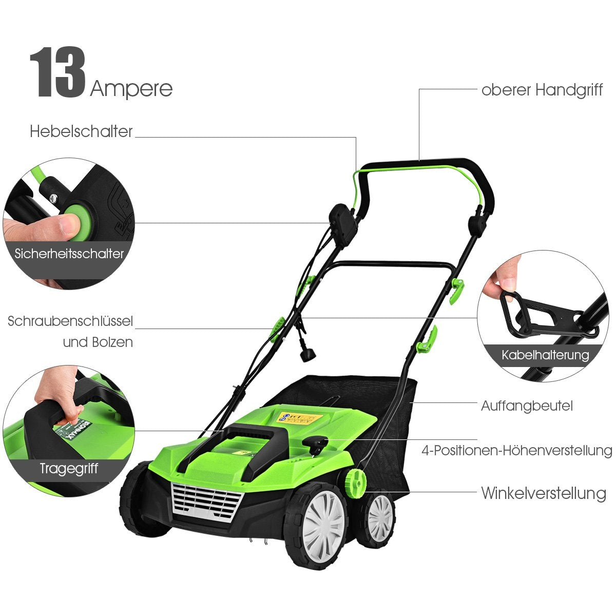 Electric scarifier lawn aerator 1800W 2 levels working depth 106 x 58 x 110.5 cm green