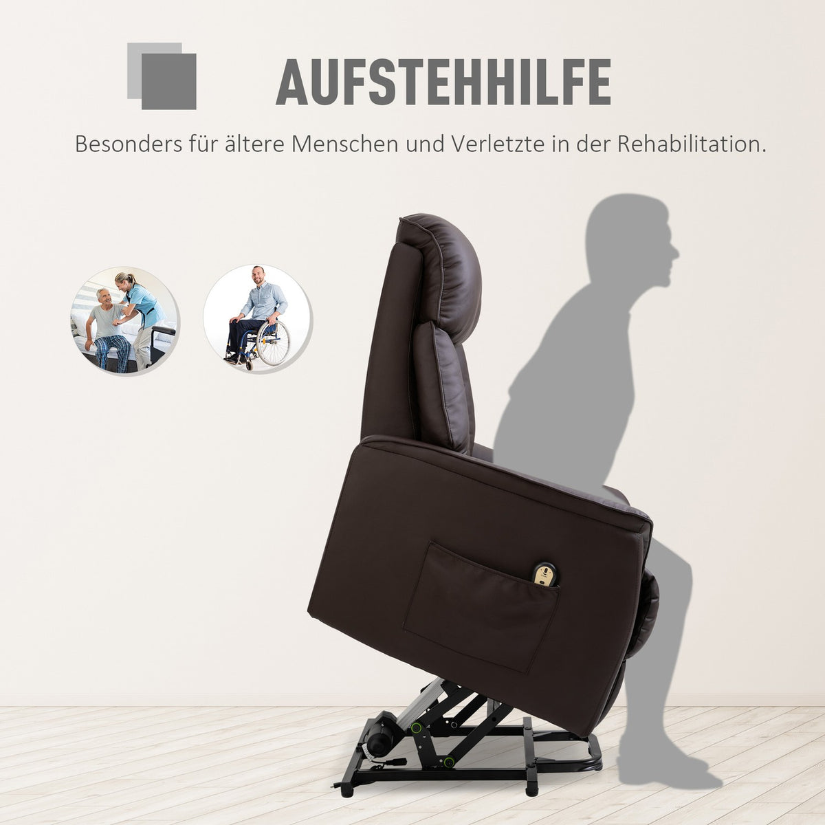 Electric stand-up chair, TV chair with stand-up aid, relaxation chair with reclining function, faux leather, brown, 80 x 94 x 104 cm