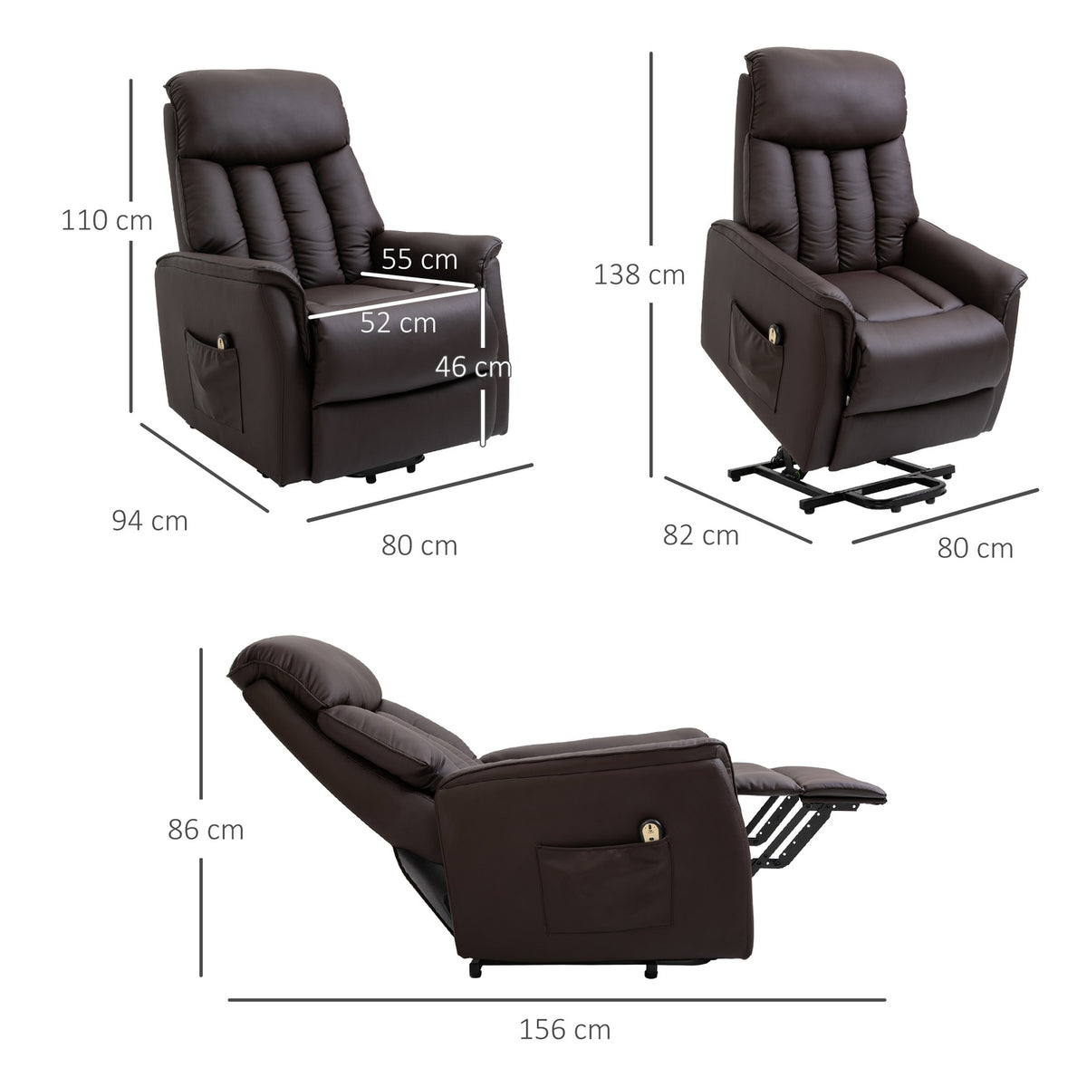 Electric stand-up chair, TV chair with stand-up aid, relaxation chair with reclining function, faux leather, brown, 80 x 94 x 104 cm