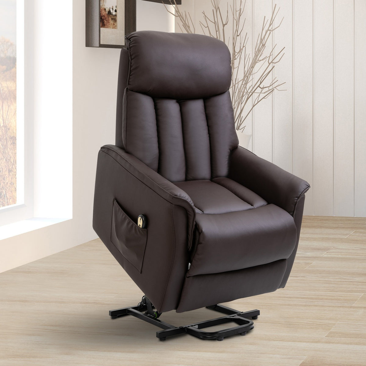 Electric stand-up chair, TV chair with stand-up aid, relaxation chair with reclining function, faux leather, brown, 80 x 94 x 104 cm