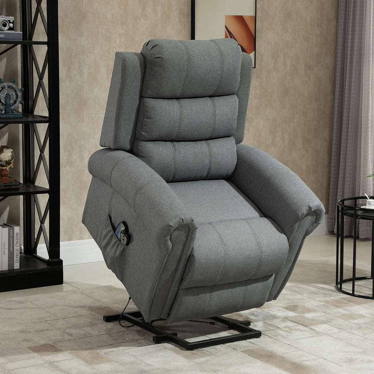 Electric stand-up chair, massage chair with stand-up aid, heat function, remote control, linen, gray, 98 x 96 x 105 cm