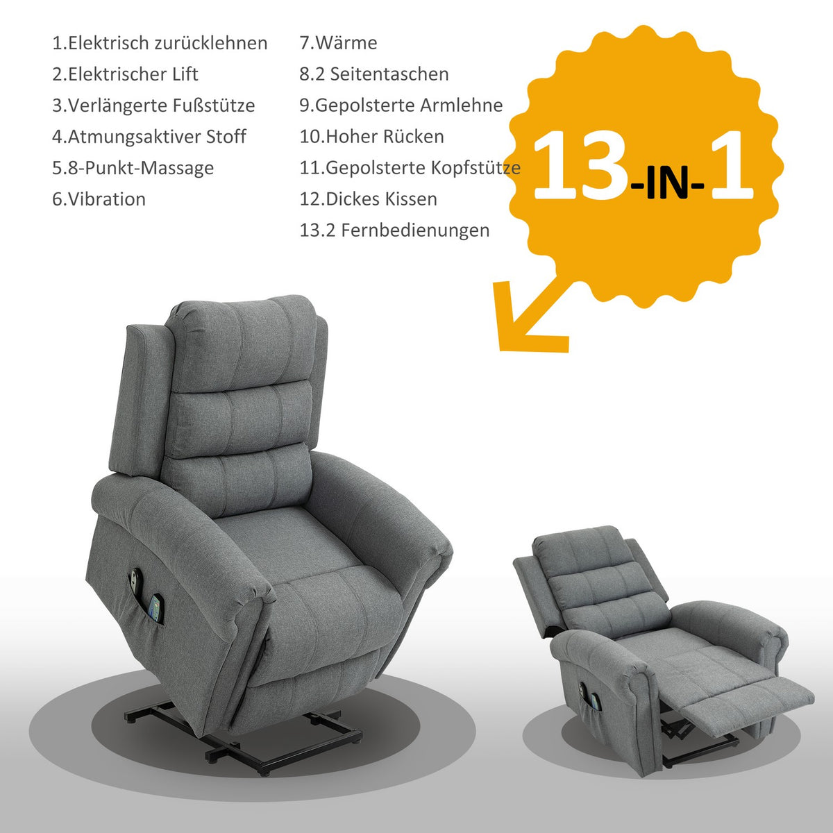 Electric stand-up chair, massage chair with stand-up aid, heat function, remote control, linen, gray, 98 x 96 x 105 cm