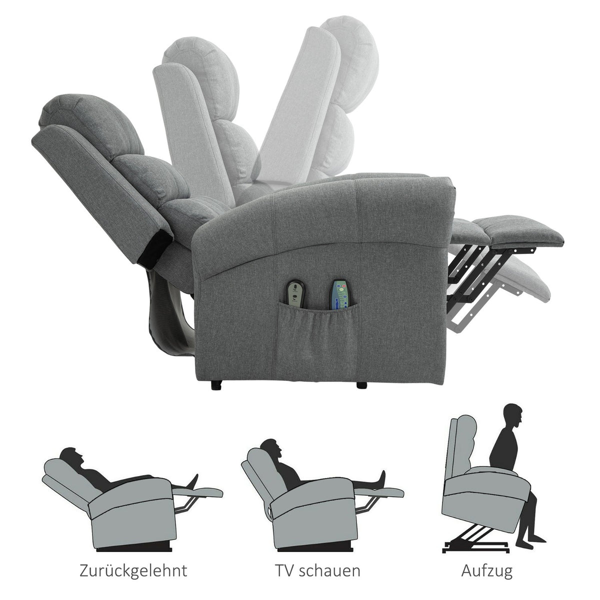 Electric stand-up chair, massage chair with stand-up aid, heat function, remote control, linen, gray, 98 x 96 x 105 cm