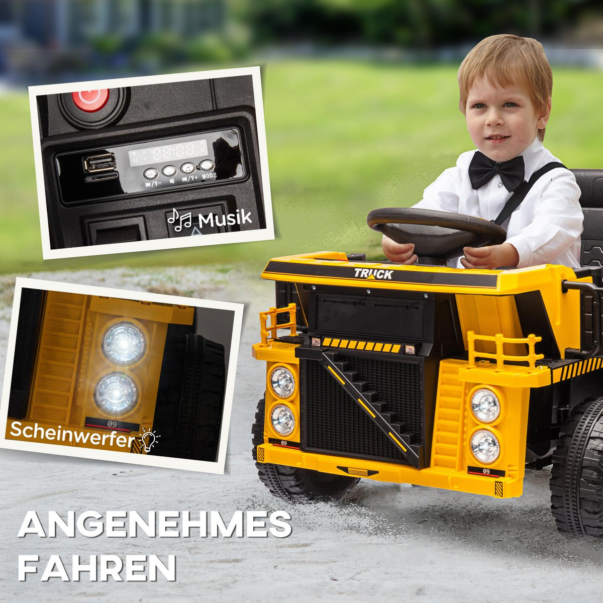 Electric tractor with shovel, 12 V children's ride-on tractor, children's electric car with MP3 function, children's vehicle with headlight, 3-6 km/h, for 3-5 years children, yellow