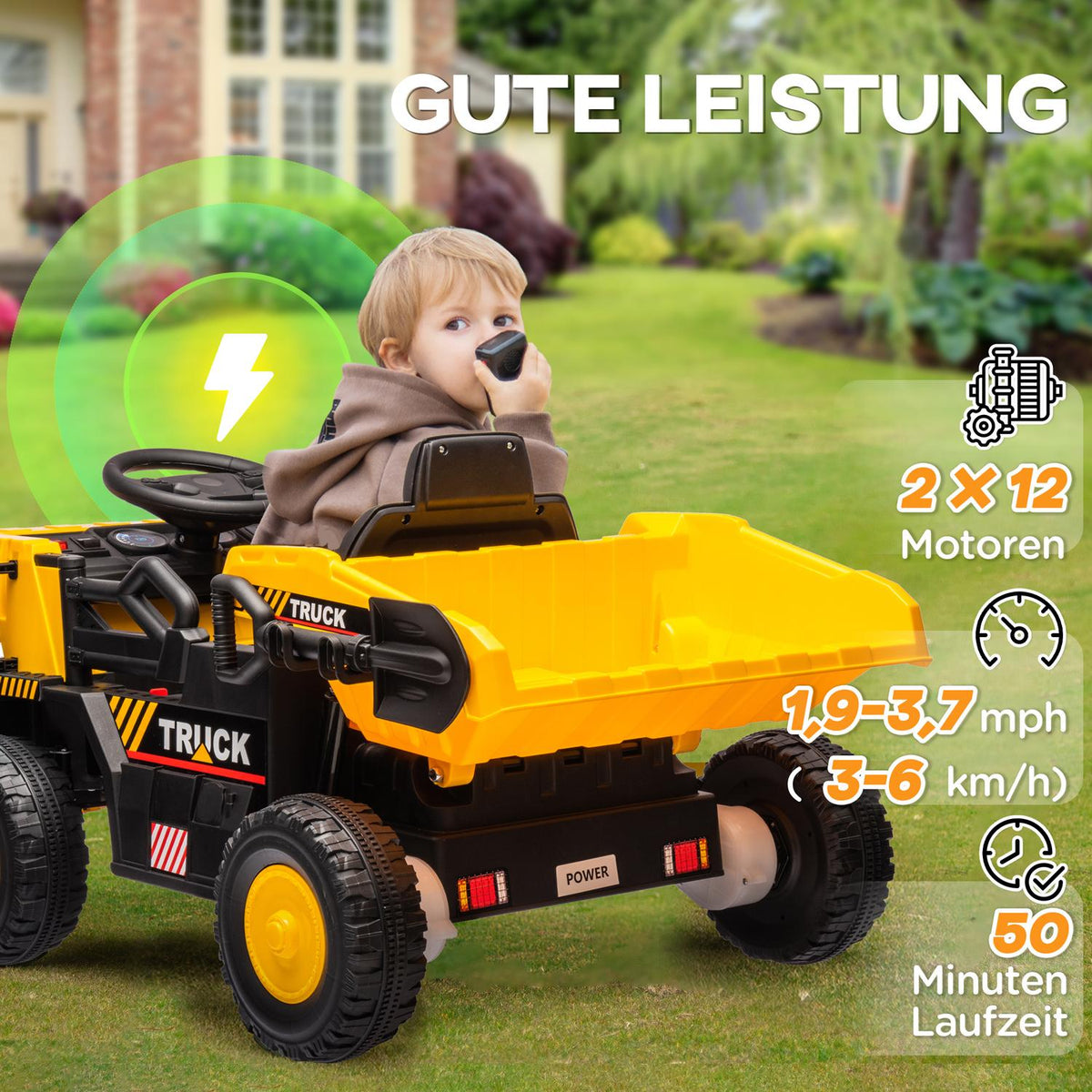 Electric tractor with shovel, 12 V children's ride-on tractor, children's electric car with MP3 function, children's vehicle with headlight, 3-6 km/h, for 3-5 years children, yellow