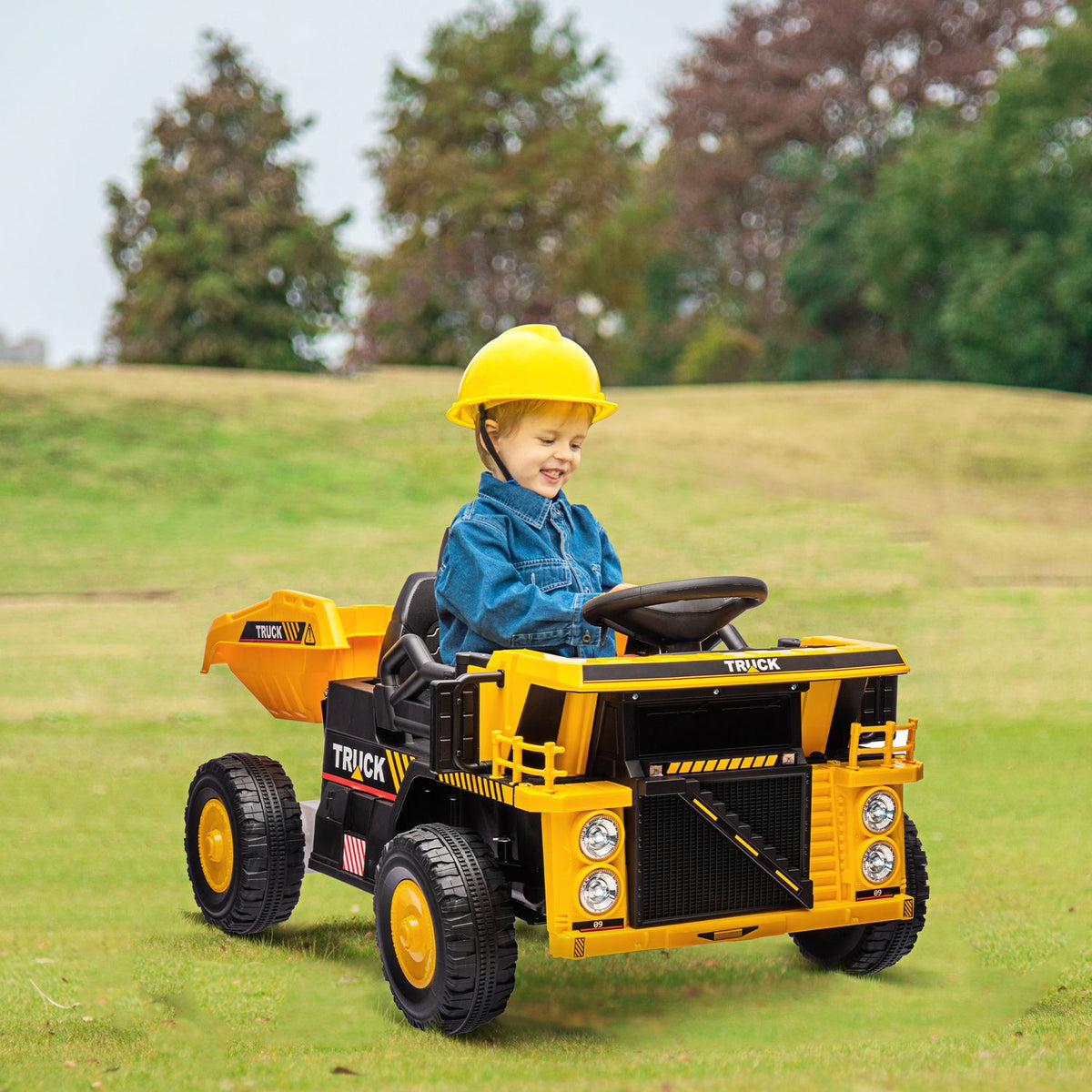 Electric tractor with shovel, 12 V children's ride-on tractor, children's electric car with MP3 function, children's vehicle with headlight, 3-6 km/h, for 3-5 years children, yellow