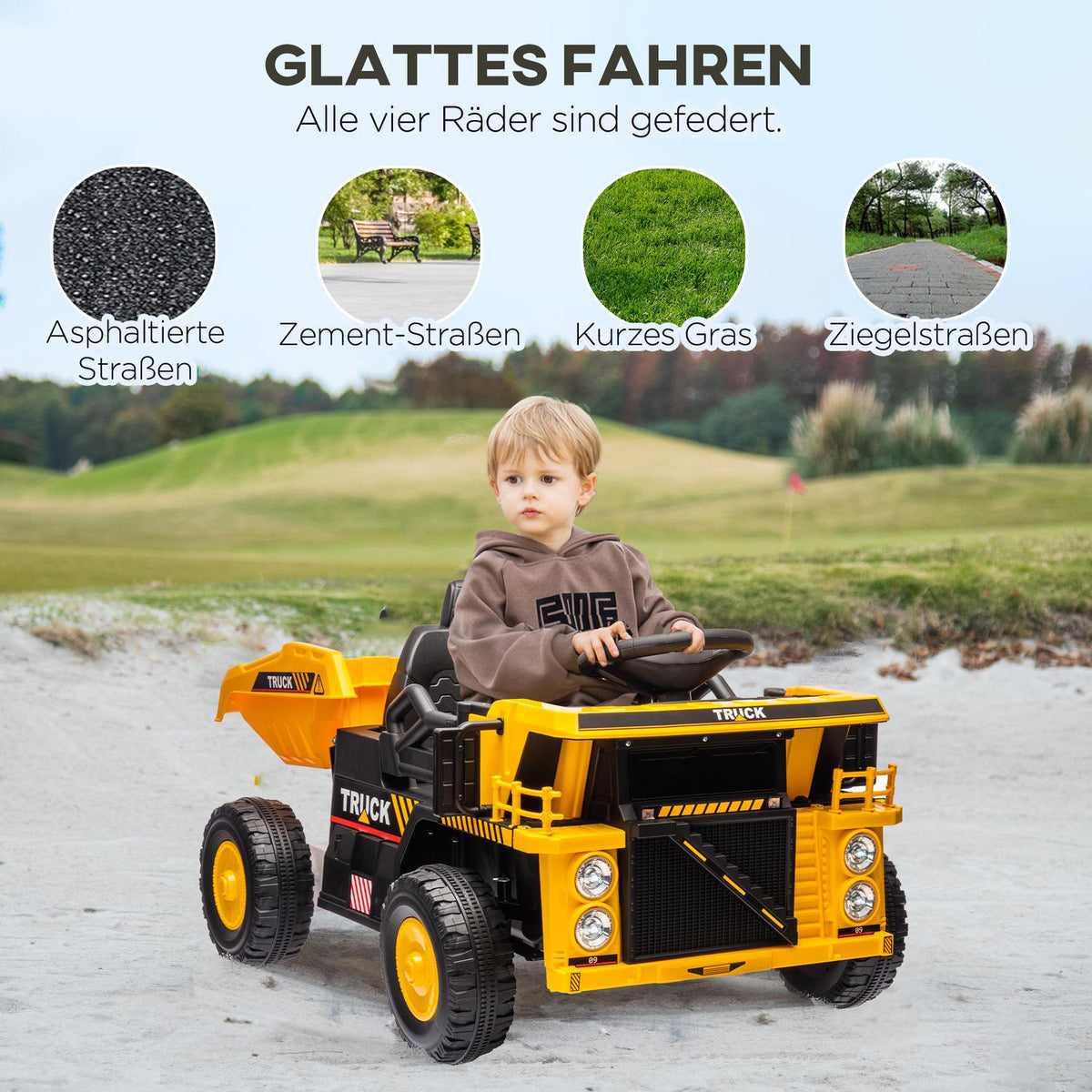 Electric tractor with shovel, 12 V children's ride-on tractor, children's electric car with MP3 function, children's vehicle with headlight, 3-6 km/h, for 3-5 years children, yellow