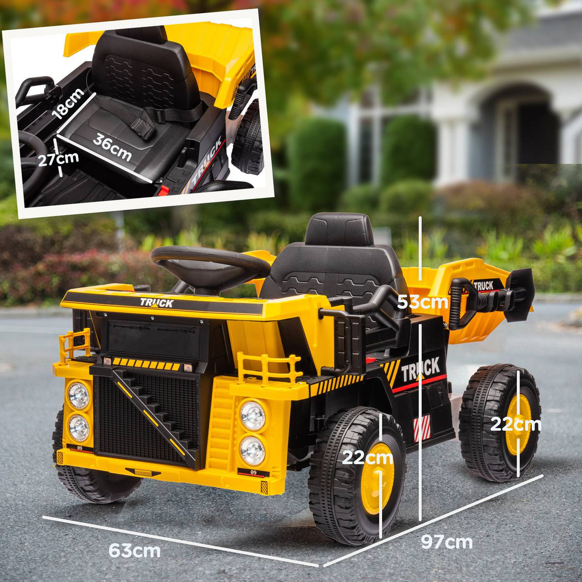 Electric tractor with shovel, 12 V children's ride-on tractor, children's electric car with MP3 function, children's vehicle with headlight, 3-6 km/h, for 3-5 years children, yellow