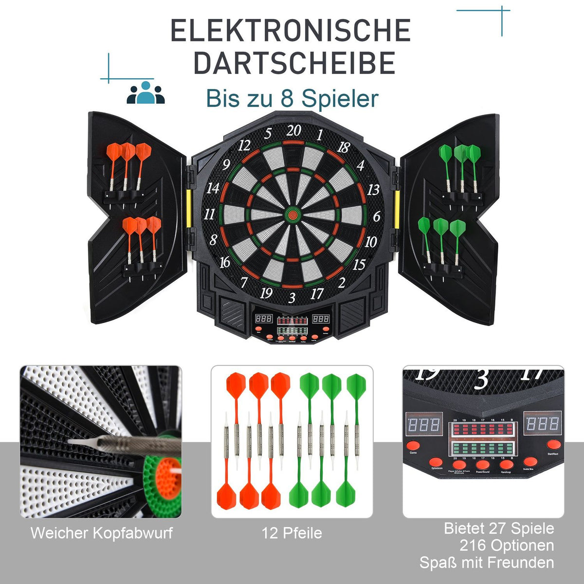 Electronic Dartboard Dartboard With Door Incl. 4 Led 216 Games 12 Arrows Up To 8 Players Abs + Pp 49 X 54.6 X 5.5 Cm