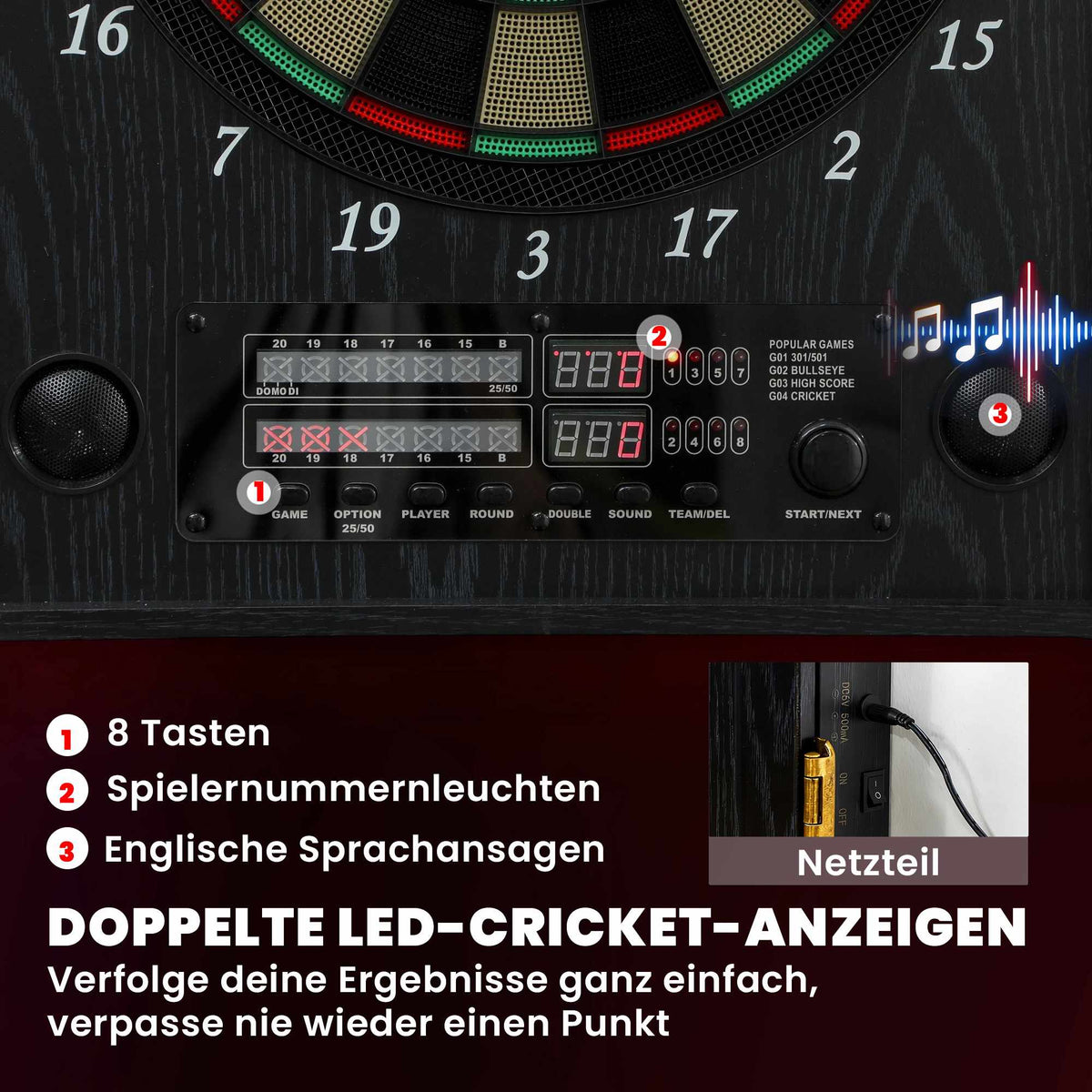 Electronic Dartboard with Cabinet, 25 Games, LED Display