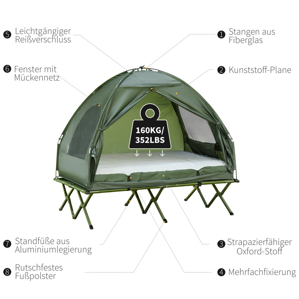 Elevated Camping Bed And Tent Camp Bed Dome Tent With Air Mattress With Pump Taffeta Green 193 X 136 X 178 Cm