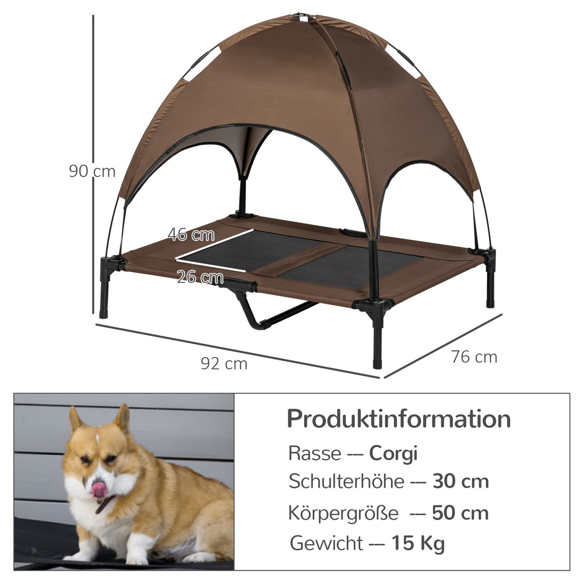 Elevated Dog Bed Outdoor Canopy Breathable Taffeta Fabric Coffee 92X76X90Cm