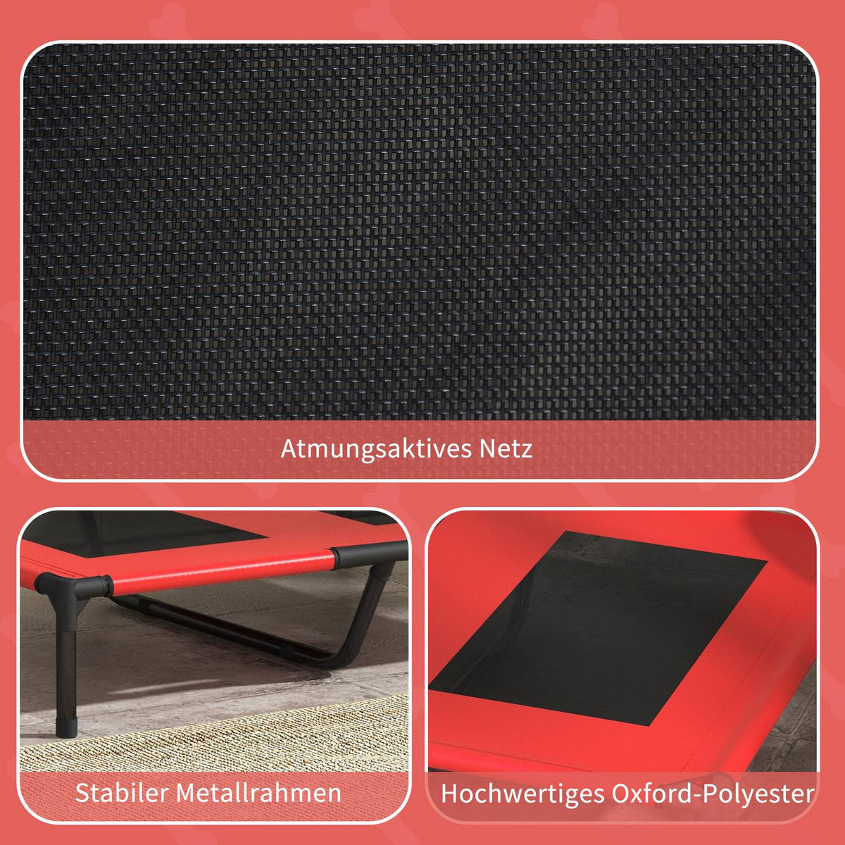 Elevated Dog Bed, Pet Bed, Outdoor Dog Lounger, Breathable Sleeping Place, for Large Dogs, Camping, Oxford, Red, 92 x 76 x 18 cm