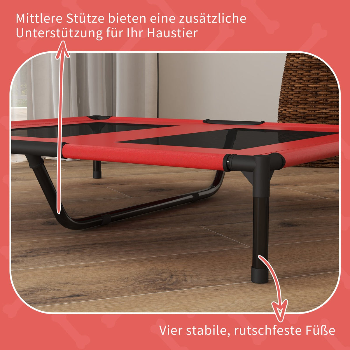 Elevated Dog Bed, Pet Bed, Outdoor Dog Lounger, Breathable Sleeping Place, for Large Dogs, Camping, Oxford, Red, 92 x 76 x 18 cm