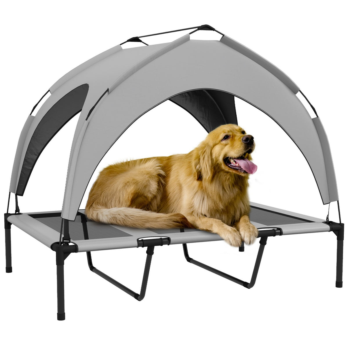 Elevated Dog Bed with Canopy, Pet Bed, Outdoor Dog Lounger with Roof, Breathable, for Large Dogs Light Gray Oxford 106 x 76 x 94 cm